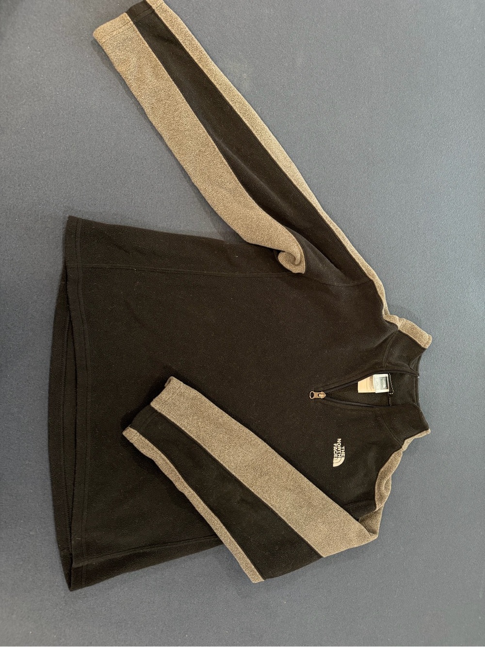 The North Face boys Black Zip-Up Sweater with gray Sleeve Stripes